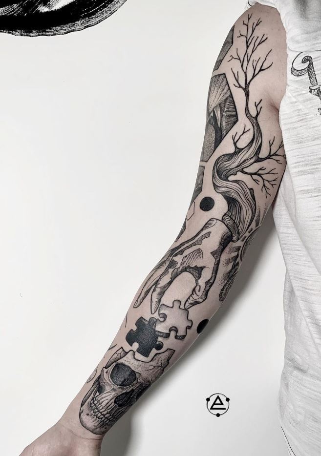 Awesome Black And Gray Sleeve Tattoo