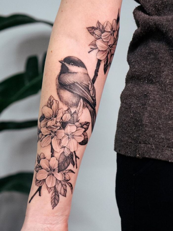Chickadee And Apple Blossom Tattoo | InkStyleMag