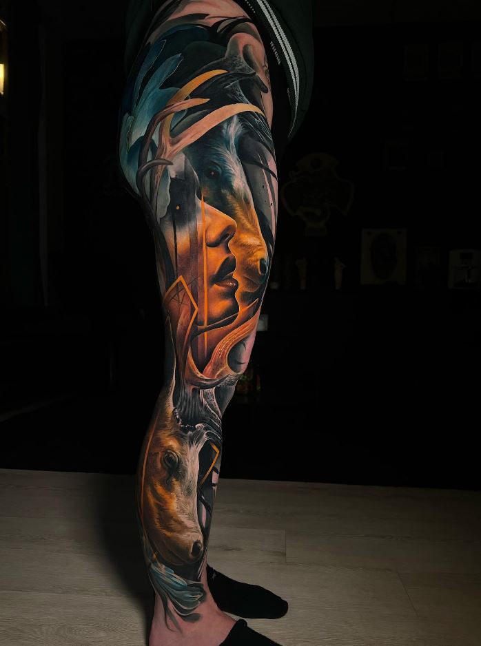 Awesome Leg Sleeve Tattoo