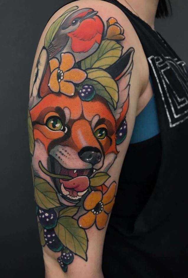 Cute Fox And Bird Tattoo