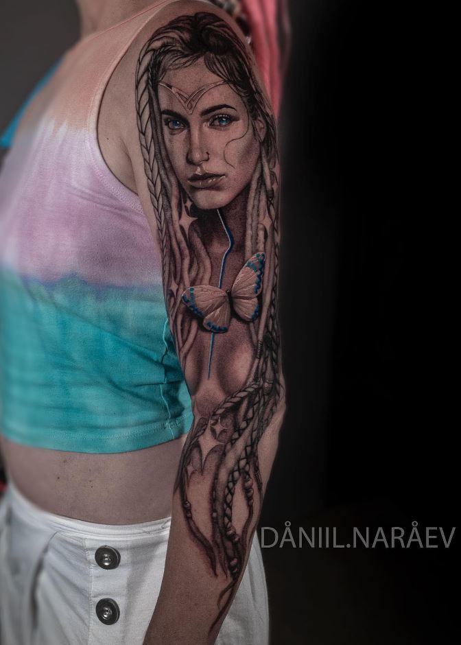 Remarkable Girl Sleeve Tattoo